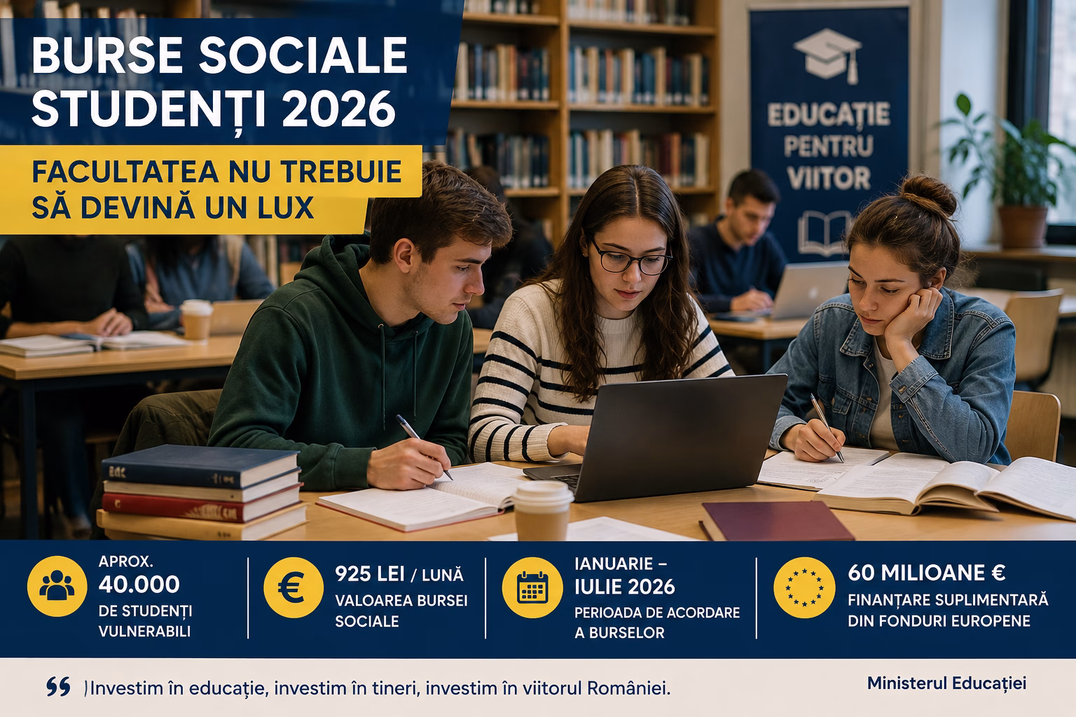 Studenți într-o bibliotecă universitară discutând despre burse sociale și costurile facultății